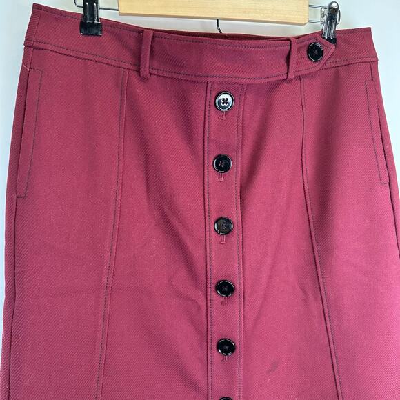 Loft Burgundy Button Straight Placket Knee Length Skirt Women Size 10 Officecore - Picture 12 of 16